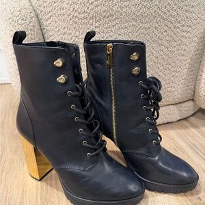 Michael Kors Black Leather Lace-Up Ankle Boots with Gold Block Heel